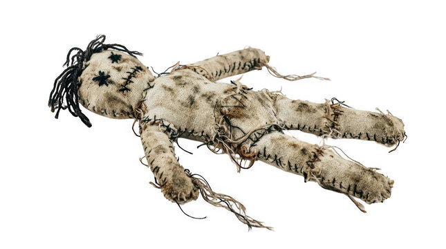 Creepy handmade voodoo doll made of burlap isolated on transparent background