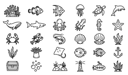 Set of sea life icons including marine animals, plants, and nautical objects. © MDSUJON