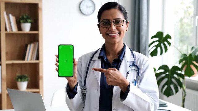 Smiling Indian female doctor holding a smartphone with a green screen, pointing to it, promoting healthcare app or service in clinic office.