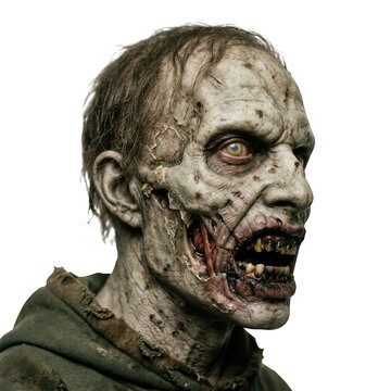 Closeup portrait of a terrifying realistic zombie with decaying skin isolated on transparent background