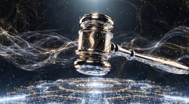 Futuristic quantum justice system floating chrome gavel justice gavel chrome futuristic quantum court law technology digital floating abstract