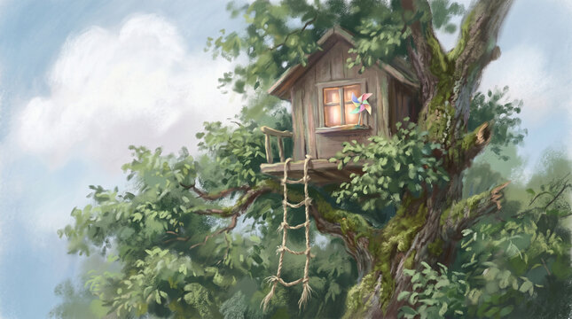 A fabulous treehouse with a warm window light, night landscape, watercolor illustration of childhood dreams