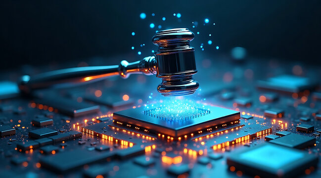 Futuristic quantum justice system floating chrome gavel over glowing microchip emits blue particles, concept of legal tech and AI regulation