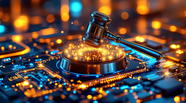 Futuristic quantum justice system floating chrome gavel legal technology cyber law digital court glowing circuitry nano particles blue orange
