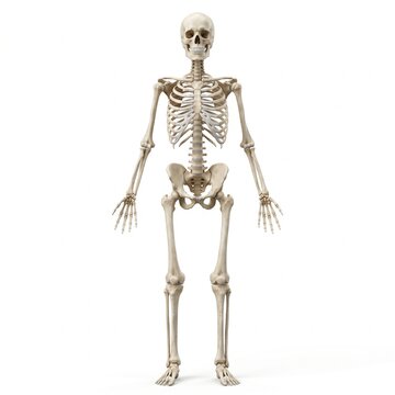 Medical 3D illustration of a full human skeleton isolated on white background, front view