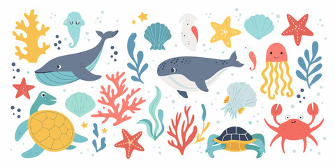 Marine life vector illustration with whales turtles and coral © Dilip
