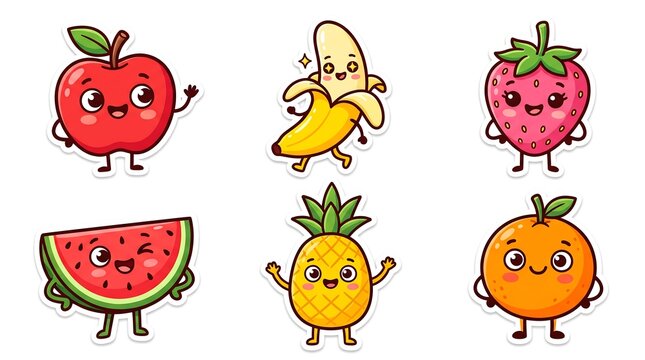 Cute cartoon fruit stickers set isolated on white background.