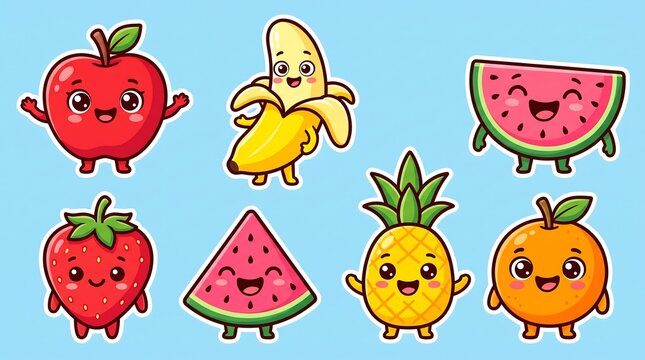 Cute fruit stickers set featuring apple banana and orange.