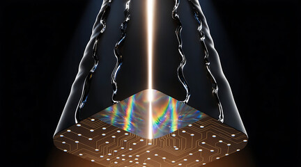 Fototapeta premium Monumental obsidian and liquid chrome justice mono circuit prism beam of light evokes futuristic balance and technology