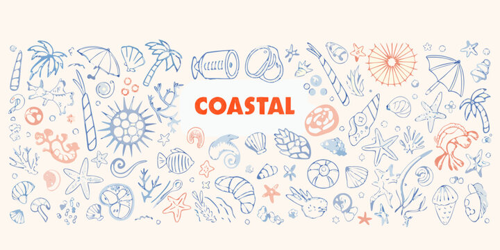 Coastal Elements Sketch Pattern With Seashells Starfish And Palm Leaves