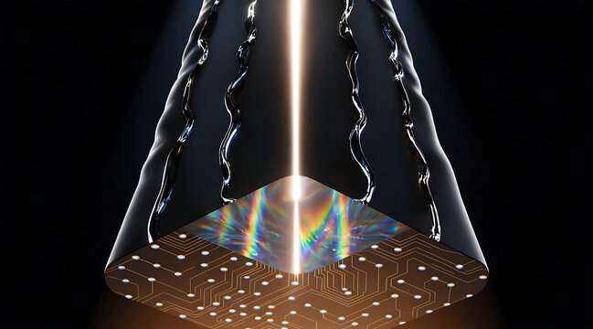 Monumental obsidian and liquid chrome justice mono circuit prism beam of light evokes futuristic balance and technology