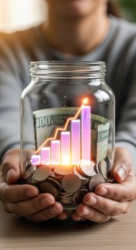 Growing Savings - Woman Holding Jar with Money and Growth Chart.