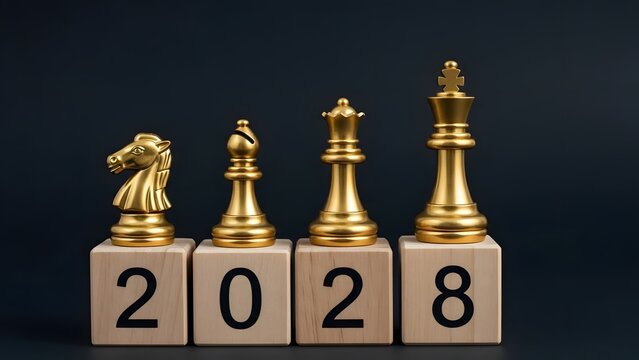 Golden chess pieces on wooden blocks with 2028 text representing strategic planning goals