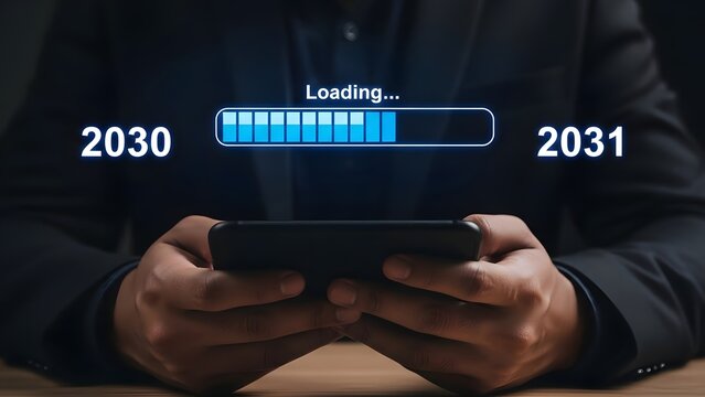 Business professional holding smartphone with a futuristic loading bar for years 2030 to 2031