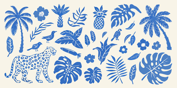 Blue tropical silhouettes featuring palm trees and jungle wildlife