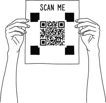 A line art drawing showing two hands holding a piece of paper with a scan me qr code on display