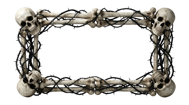 Rectangular frame made of human bones and skulls with barbed wire isolated on transparent background