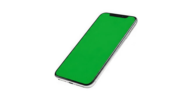 Smartphone green screen mockup on transparent background with isolated device in oblique position.