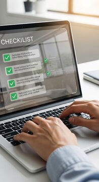 Hands Typing on Laptop with Checklist Displayed on Screen.