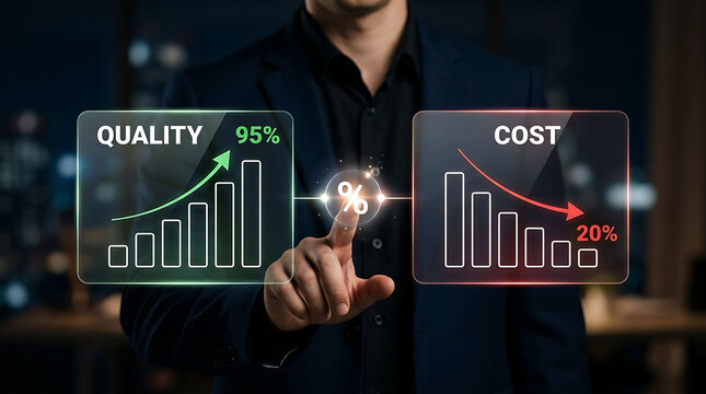 Businessman balancing quality and cost optimization concept