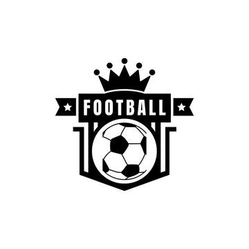Malang, East Java, Indonesia &ndash; July 5, 2026: A black-and-white vector illustration of a soccer emblem featuring a crowned football, stars, a banner, and a shield design; ideal for team identity, club 