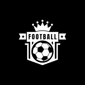 Malang, East Java, Indonesia &ndash; July 5, 2026: A black-and-white vector illustration of a soccer emblem featuring a crowned football, stars, a banner, and a shield design; ideal for team identity, club 
