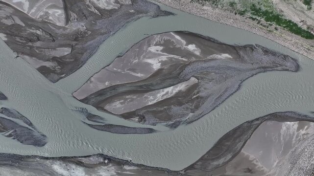 A drone view of picturesque islands at the confluence of the Chilik River and the Bartogoy Reservoir in southeastern Kazakhstan.