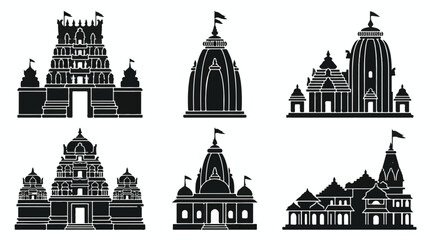 Obraz premium Collection of Hindu temple silhouettes in various architectural styles 