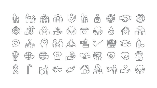 Comprehensive collection of charity volunteering donation and community support line icons for various needs