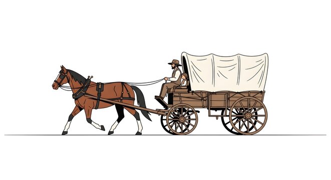 Brown horse pulling covered wagon with man and child