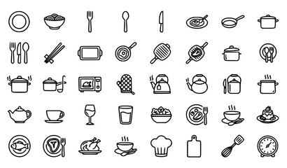 Naklejka premium Tableware and Cooking Outline Icon Set with Dish Plate Bowl Cutlery Microwave Editable Stroke Vector Collection