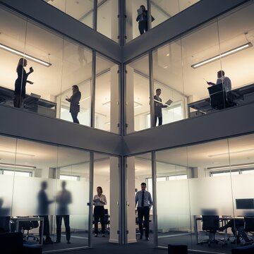 Modern office building interior with people working in different levels.