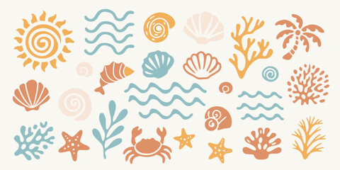 Seaside Elements Illustration Shells Coral Suns And Marine Life © Dilip