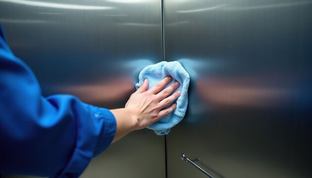 Person wipes shiny elevator doors with soft cloth. Blue uniformed worker cleans stainless steel panel, promotes hygiene and safety in public space.