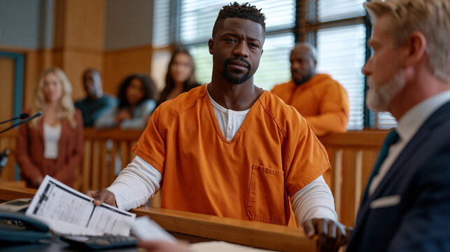 Bail hearing unfolds in early morning arraignment courtroom, public defender presenting financial documentation while prosecutor stands at opposing table, defendant in institutional clothing grippin