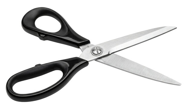 Scissors with black handles and silver blades isolated on transparent background