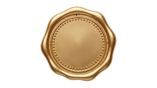 Golden wax seal stamp with wavy edges and decorative border isolated on transparent background