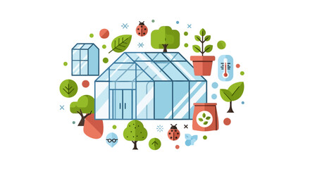 Fototapeta premium Greenhouse Gardening and Sustainability Flat Vector Illustration with Plants, Trees, and Ecology Icons