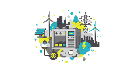 Obraz premium Renewable Energy and Smart City Technology Illustration with Wind Turbines, Solar Panels, and Battery Storage for Sustainable Future