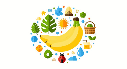 Naklejka premium Vibrant Vector Bunch of Bananas with Tropical Leaves and Healthy Lifestyle Icons