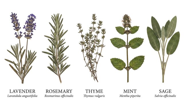 Culinary herbs botanical illustration with scientific names.
