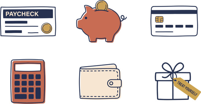 First Paycheck Milestone Icon Set Financial Management Doodle Style