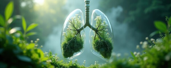 Naklejka premium Transparent lungs with green plants inside float in misty forest. Nature and health concept for clean air and organic lungs. Rich vegetation surrounds floating lungs illustration.