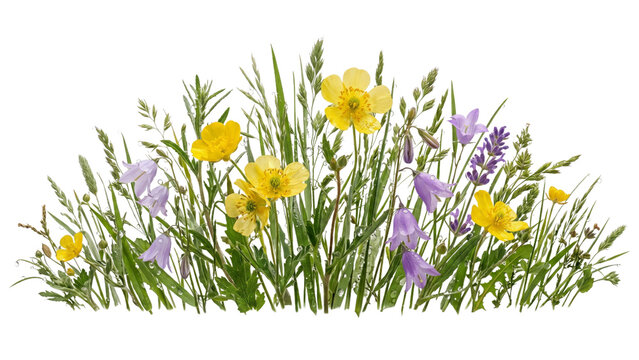 Vibrant wildflowers and green grass isolated on transparent background