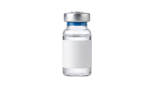 Glass vial with silver cap and white label isolated on transparent background