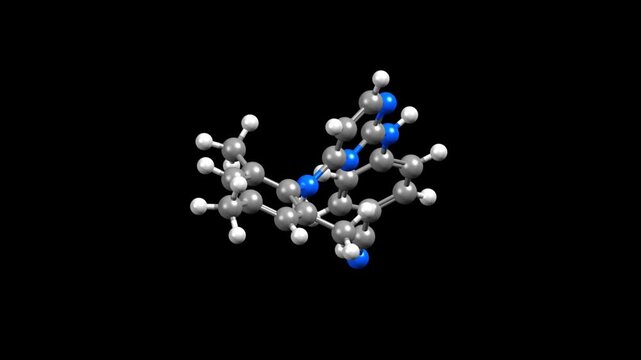 Structure of dapivirine, a non-nucleoside reverse transcriptase inhibitor. Animated 3D ball-and-stick and spacefill models, black background.