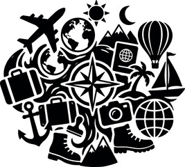 Obraz premium travel and adventure icons collage for vacation and exploration concept