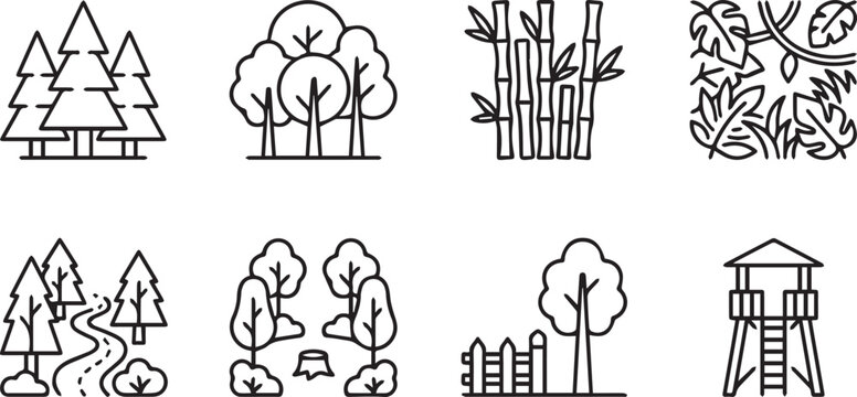 Forest Nature Outline Icons Set with Trees Bamboo Park and Woodland Elements