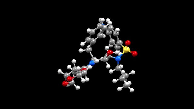Structure of darunavir, an antiretroviral medication. Animated 3D ball-and-stick and spacefill models, black background.