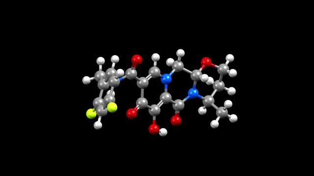 Structure of dolutegravir, an antiretroviral medication. Animated 3D ball-and-stick and spacefill models, black background.